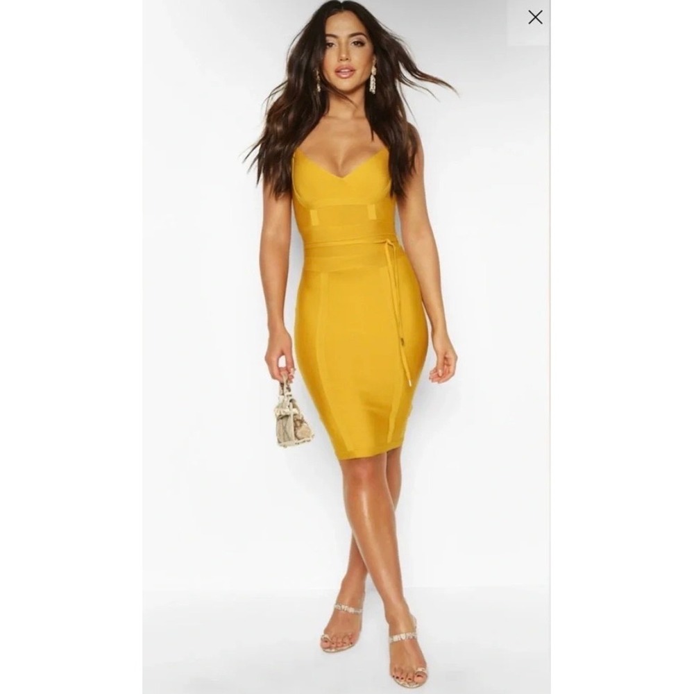 House of CB London Mustard Yellow Bandage Bodycon Midi Dress Medium V-Neck Zip